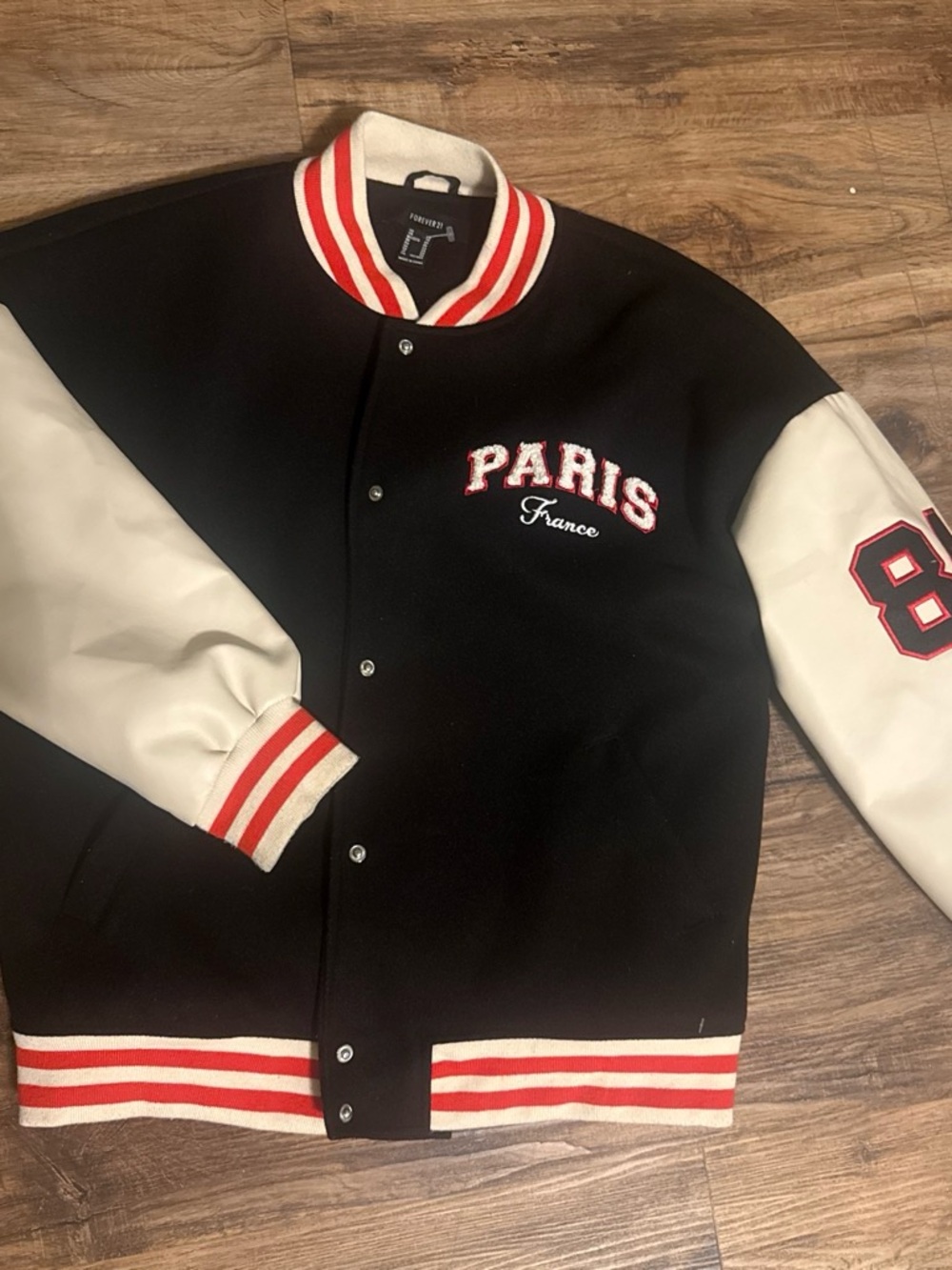 Forever 21 Black and White Varsity Jacket with Red Trim